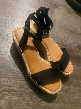 Kelly & Katie Black Espadrille Wedge Ankle-Tie Sandals